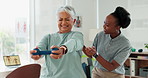 Weight, physiotherapy and elderly woman in clinic for consultation with muscle recovery. Injury, healthcare and physical therapist helping senior female patient with stretching arm exercise.