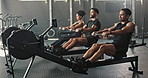 Gym, people and rower for fitness, exercise and cardio with endurance or progress with wellness. Rowing, group or health center with equipment, active or training with friends or workout with routine
