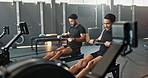 Workout, rowing machine and friends in gym for energy, wellness or sports for body health. Club, group and people exercise on ergometer for fitness, muscle and cross training for cardio together