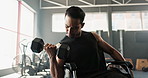 Gym, weights and man in wheelchair for fitness or rehabilitation with exercise, workout and strength. Person with disability, training and recovery with dumbbells for healthy living and strong