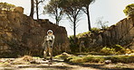 Planet, world and astronaut walking in forest to explore abandoned area, galaxy and universe. Space suit, futuristic fantasy and spaceman in alien environment for exploration, adventure and journey