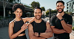 Portrait, friends and exercise in city with smile, fitness and training as team, sports and gym. Outdoor, workout and men with woman, wellness and relax for break, together and happiness for health