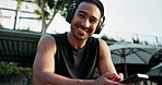 Fitness, headphones and face of man with smartphone for music, podcast and streaming for exercise. Athlete, asian person and smile with digital technology for workout research, audio or training blog