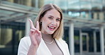 Employee, face and woman with peace sign, outdoor and professional with agreement and review. Portrait, New York city and consultant with v symbol and icon with person, feedback or emoji with support