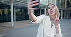 Corporate, business woman and phone selfie in city with peace sign, funny face or photograph. Smartphone, professional and young female for happiness, goofy and social media post in urban town