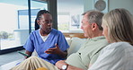 Senior couple, nurse and medical news with tablet in hospital for insurance and healthcare advice. Consulting, support and patient in retirement with communication about cancer diagnosis in a clinic