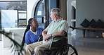 Nurse, senior man and help in wheelchair at retirement home for healthcare, support and trust. Caregiver, patient with disability and commitment with medical service for  physiotherapy and care. 
