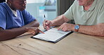 Senior, man and nurse with documents to sign for legal paper work or consent forms for surgery or life insurance. People, nursing home and medical administration for elderly support and agreement.