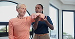 Old woman, physiotherapy and stretching pain or rehabilitation consultation or arm mobility, recovery or joint. Elderly person, assessment and heal muscle injury or wellness, healthcare or progress