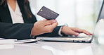 Hands, business and woman with credit card, laptop and banking with ecommerce and payment. Person, accountant and broker with computer or online purchase with transactions and investment with savings