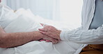Hospital, bed and holding hands for couple, support and empathy in healthcare. Love, care and trust for married people for sickness diagnose, caregiver and comfort for medical help with compassion