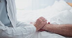 Hospital, bed and holding hands for couple, support and empathy in healthcare. Love, care and trust for married people for sickness diagnose, caregiver and comfort for medical help with compassion