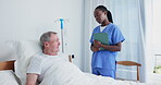 Nurse, patient and help in bed at hospital for healthcare, support and checkup with trust. Senior man, medical professional and folder with results or update on health, illness and diagnosis or care
