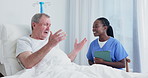 Nurse, patient and happy in bed with tablet for results or goods news with support, checkup and trust. Senior man, medical professional and smile for update on health, illness and care in hospital
