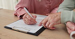 Paperwork, hands and writing for senior couple, finance and budget or planning of expenses or retirement policy. Coffee, agreement or document for signature, mortgage or life insurance for investment
