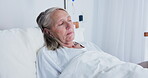 Elderly, woman and resting in hospital bed, checkup or appointment for sickness or healthcare with patient. Female person, surgery recovery or treatment in clinic, breathing or procedure or operation