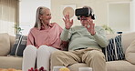 Feel, senior couple and technology for virtual reality, online streaming and gaming with people at home. Partners, elderly man and woman with smile from esports, video and laughter from cyber game