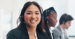 Smile, face or Asian woman in call center for customer service, tech support or consulting advice. Help, portrait and happy female consultant in telemarketing, CRM or telecom company with headset