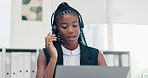 Talking, laptop or black woman in call center for customer service, tech support sales or consulting advice. Typing, agent or African consultant in telemarketing, CRM or telecom company in headset