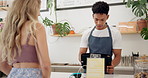 Service, barista or customer order at cafe for food or help at table in a coffee shop job with menu. Listening, waiter or employee in small business restaurant talking a woman, lady or girl client
