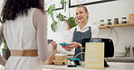 Credit card, barista or customer payment at coffee shop for food, drinks or meal at counter in cafe checkout. POS machine, waiter or employee in small business restaurant with woman or lady for lunch