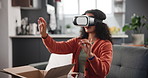 Woman, couch and virtual reality glasses for interaction or entertainment, video game and metaverse or esports. Female person and vr headset for exploration, futuristic experience and cyber fantasy.