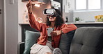 Phone, game and woman in home with vr and happy with experience on esports mobile app or interface. Futuristic, gaming and person relax with virtual reality headset and interactive technology