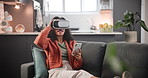 Online, chat and woman in home with vr and happy with experience on mobile app with phone interface. Futuristic, video call and person relax with virtual reality headset and interactive technology