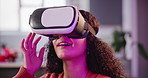 Girl, VR and gamer with metaverse in future for 3d experience, AI or cyber world at home. Female person with smile and virtual reality headset for gaming, technology or engagement in fantasy at house
