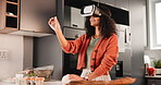 Cooking, vr headset and woman in kitchen, future and ingredients for baking, smile and happiness. Digital, app and technology, female person and virtual reality with internet in home and house