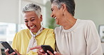 Conversation, senior women and laughing with smartphone for funny post, notification and connection. Smile, happy and friends with technology for digital streaming, comedy ebook and communication