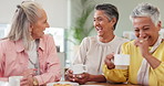 Home, senior women and friends with conversation, funny and morning coffee with retirement and smile. Good news, pensioner and old people with tea or  with humor and joke with kindness or support