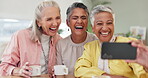 Senior women, selfie and laugh with coffee, smile or picture for memory of tea party. Female people, reunion or elderly citizens together for video call, happy or brunch for eating, love or bonding