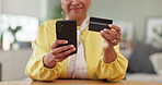 Older woman, phone or credit card in online shopping, fintech or digital money as ecommerce data. Female pensioner, mobile or banking tech in mortgage, payment or retail sale customer in living room