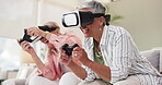 Senior, women and friends with vr headset in house, living room and fun with game and consoles. Lounge, gamer and female people with smile on sofa, relax and happiness with controller in home