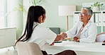 Handshake, introduction and doctor with patient for consultation, healthcare and support with advice for diagnosis. Discussion, help and medical care, women in clinic office for counseling and trust