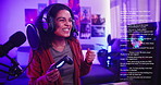 Live streaming, gamer and girl with comments win for online competition, subscription or gaming chat. Influencer, content creator and excited person with fan feedback for podcast, vlog or video game