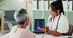 Xray, tablet and doctor explaining to patient in hospital office for diagnosis, surgery or treatment. Discussion, radiology and medical worker talk to woman with scan on digital technology in clinic.