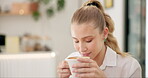 Woman, smell and coffee aroma in cafe for peace, cappuccino and fresh scent for mindfulness. Female person, hot beverage and hospitality in restaurant on weekend, relax and student for inspiration
