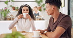 Funny, coffee shop and couple with conversation, date and social gathering with students and discussion. Man, woman and clients in a restaurant, reunion or relaxing with tea and cappuccino with love