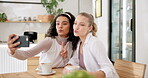 Friends, coffee shop and peace sign in selfie for social media, bonding and capture memory in restaurant. Women, relax and together for conversation or talking, care and camera on app for photography