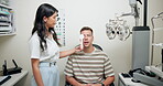 Doctor, patient and eye testing at office for vision with assistance, support and checkup for health care. Woman, optometrist and phoropter for eyesight or assessment, consultation and advice