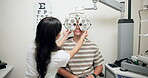 Appointment, eye test and doctor with machine in hospital, medical facility or clinic for results. Expert, optometrist or healthcare professional with man by opthalmoscope, research or optical health