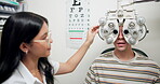 Patient, eye test and doctor with machine in hospital, medical facility and clinic for results. Expert, optometrist and healthcare professional with man by opthalmoscope, research and optical health