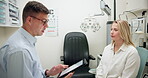 Optometry, doctor and conversation with tablet for patient, online information and digital records for eye test. Optometrist, client and technology for prescriptions, consulting and assessment.