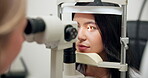 Ophthalmology, woman and laser for vision test with eye exam, consultation and happy with scanning at optometrist. Patient, optical machine and glaucoma check for eyesight correction or retina health
