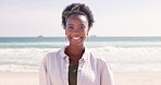 Face, beach and funny with black woman, vacation and holiday with happiness and cheerful girl. Outdoor, seaside and African person with joy and weekend break with adventure and journey with summer