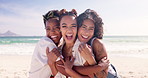 Face, friends or happy people hug at ocean on holiday vacation in summer at sea in Miami, USA. Group, care or excited women at beach together with diversity, smile or love to relax in nature travel