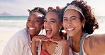 Women, face and selfie on beach with friends on summer vacation or holiday in Dubai, happiness and love for friendship. Female people, travel and picture by ocean for social media and bonding.
