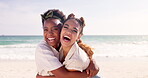 Women, face and hug on beach with love on summer vacation or holiday in Dubai, happiness and support for friendship. Female people, travel and freedom by ocean on seashore, bonding and seaside.